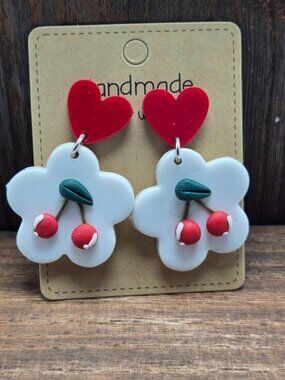NWT Floral Red Cherry Polymer Clay Earrings Pierced Acrylic Dangle Drop OOAK